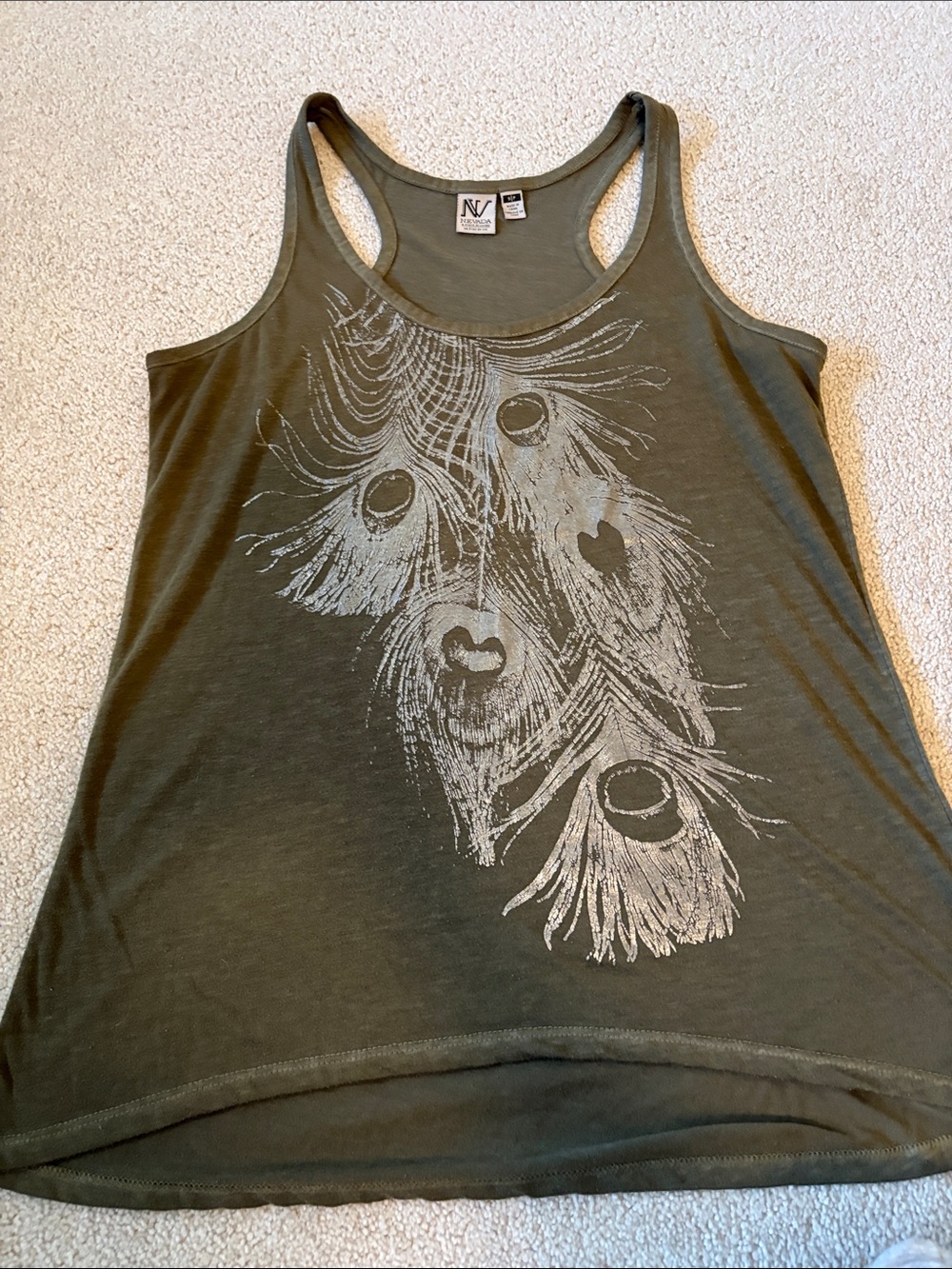 Olive Green Racerback Tank with Feather Graphic in Silver
